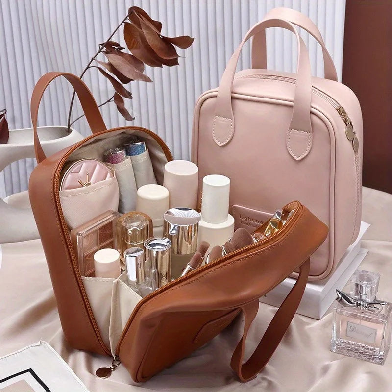 "Large PU Double Zipper Makeup Bag – Waterproof Travel Case"